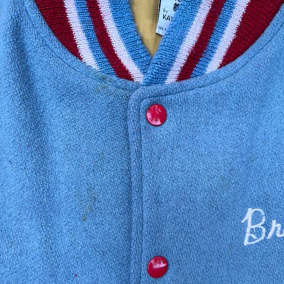 True Vintage Rams Brad Varsity Jacket School Letterman Blue Shoulder Stripe Wool - Picture 9 of 16